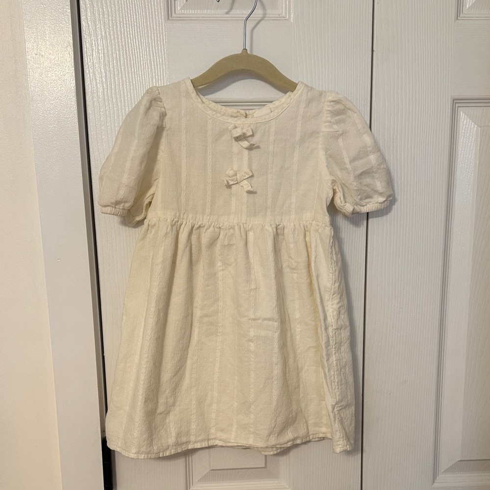 GAP Cream Short Puff-Sleeve Dress with Front Bows